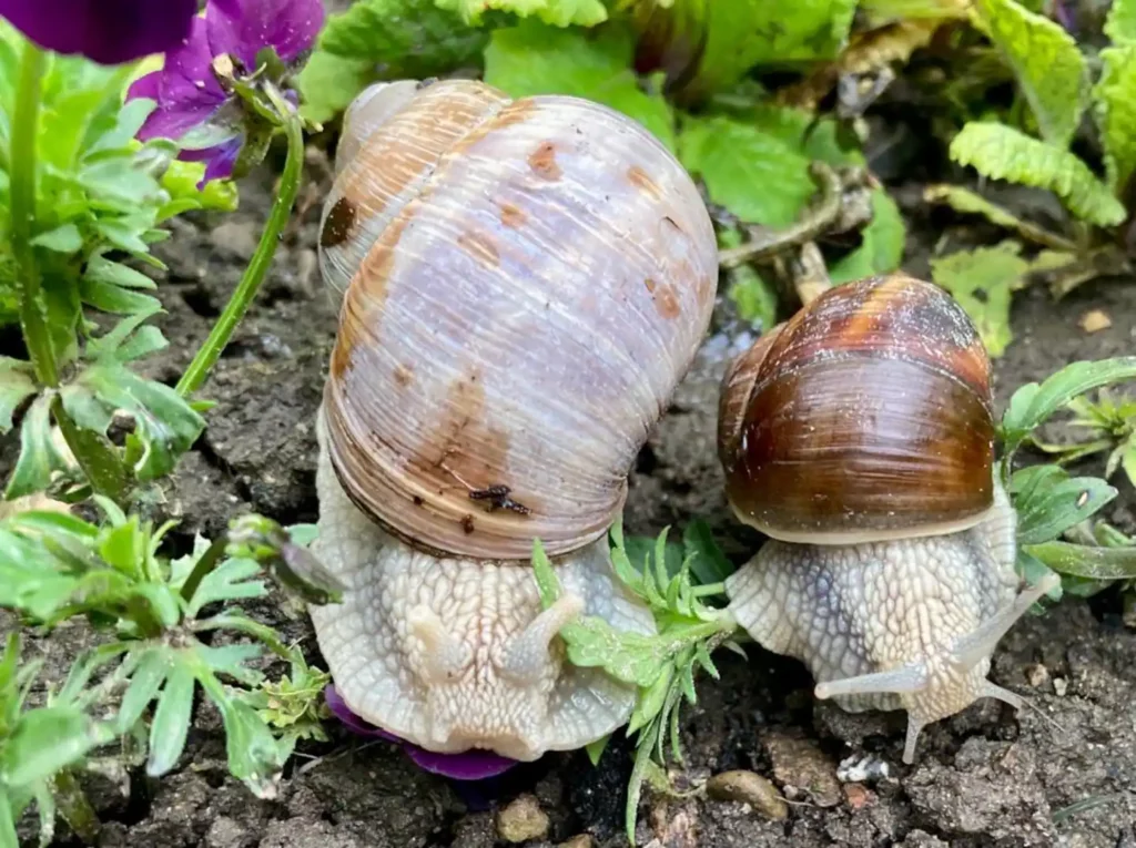 Schnecken im Garten mit lila Blume