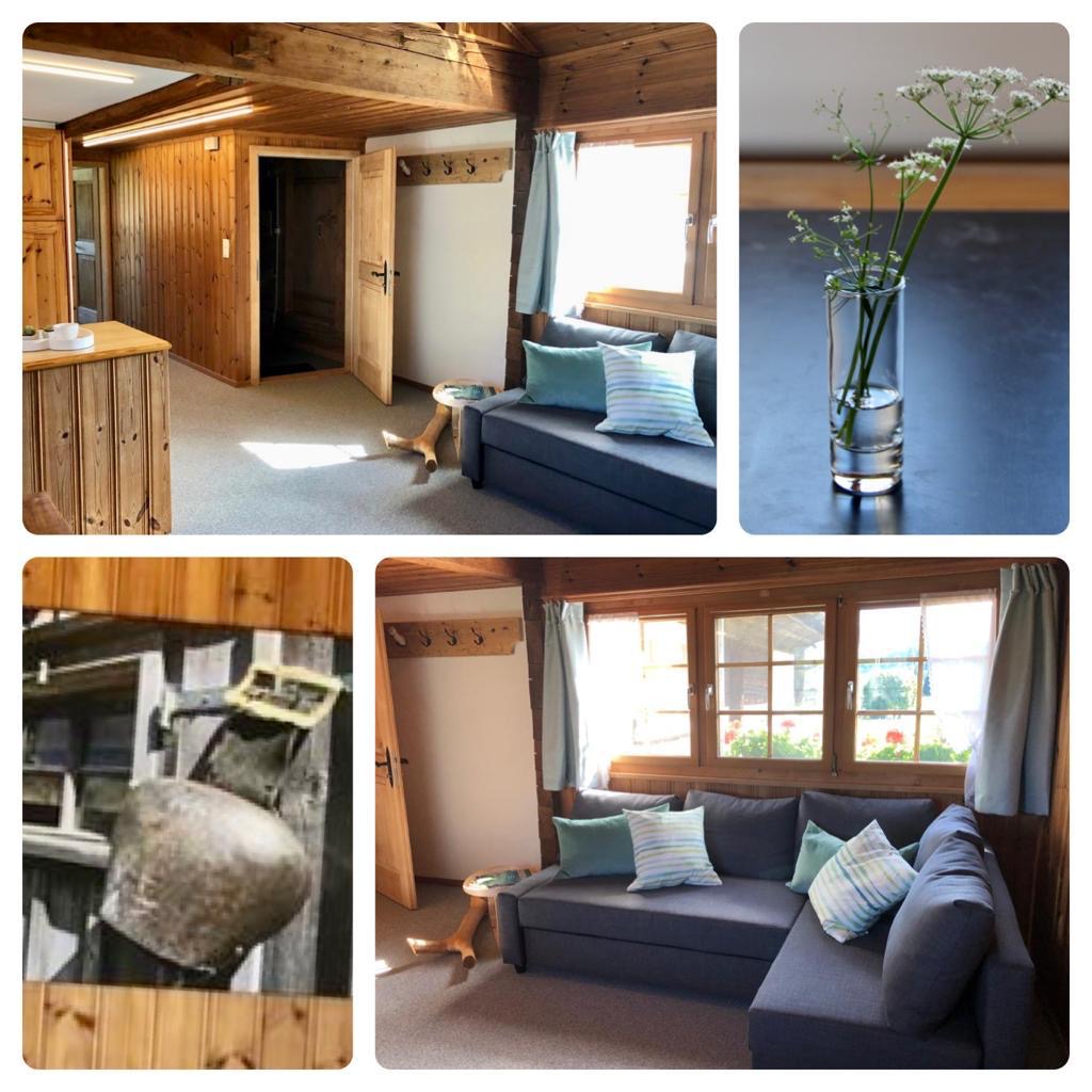 Wohnbereich Fotocollage mit Sofaecke und Kuhglockenbild