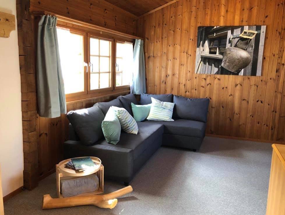 Schlafsofa mit gemütlichen Kissen und Wandbild mit Kuhglocke