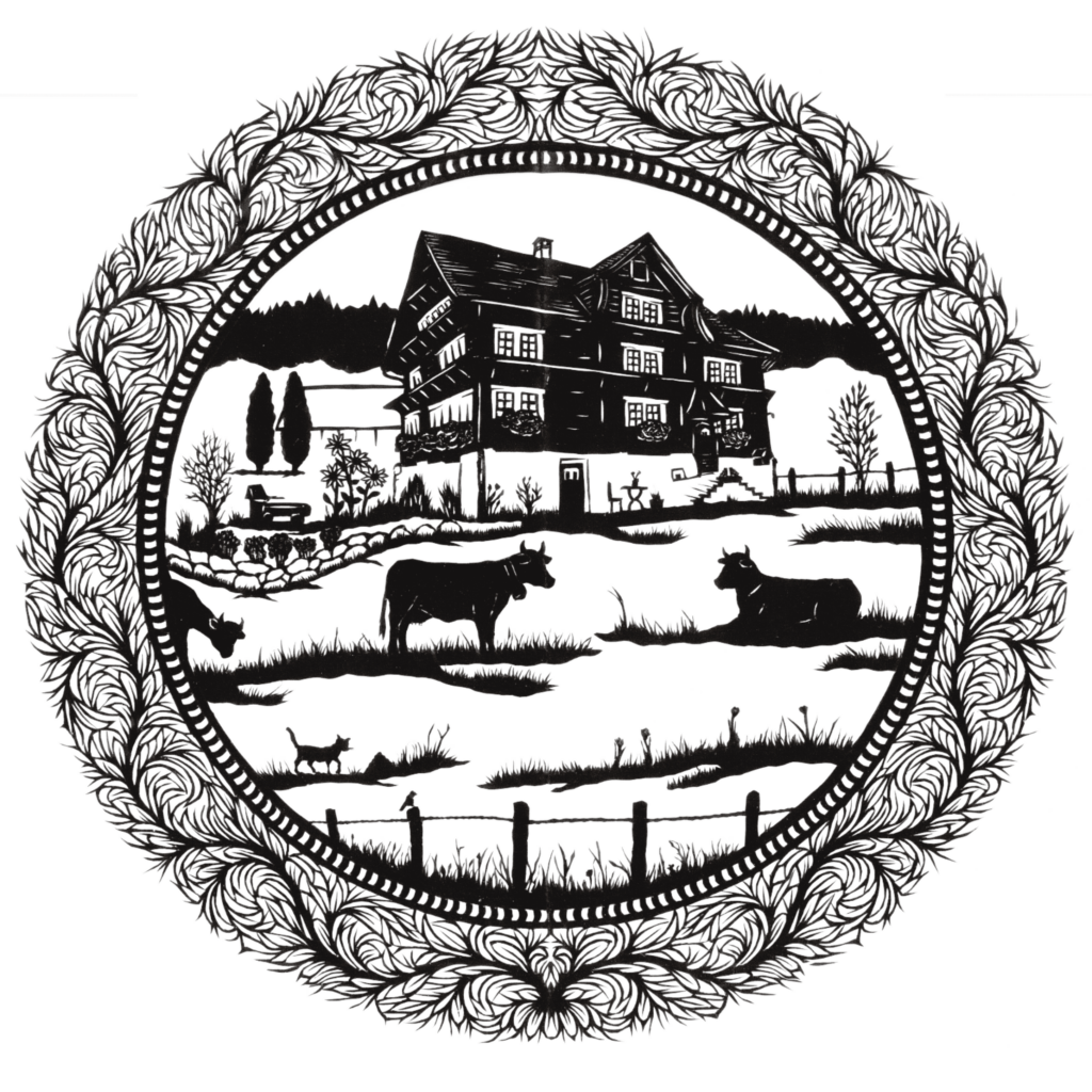 Scherenschnittlogo mit Bauernhaus und Kühen