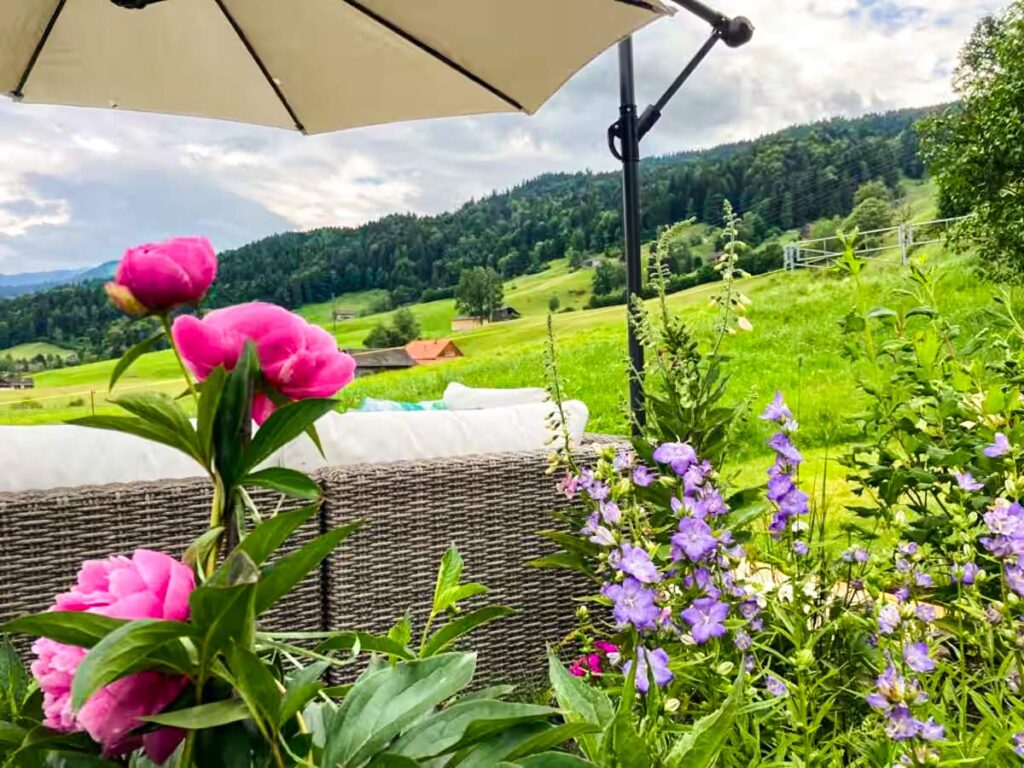 Gartenlounge mit Pfingstrose und Sonnenschirm
